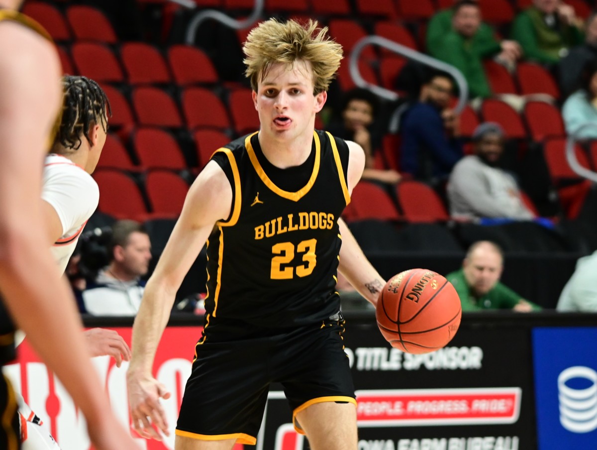 Bettenforf's Caden Wilkins drives to the hoop against West Des Moines Valley during a Class 4A state tournament semifinal game at Wells Fargo Arena in Des Moines on Thursday. (Photo by Ryan Timmerman)